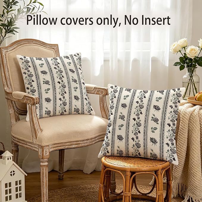 Hexagram Vintage Throw Pillow Covers 18x18, Floral Black Pillow Covers | Black, Set of 2, Boho Farmhouse Neutral Decorative for Couch Pillows, Home Decor, Bedroom, Living Room, No Insert
