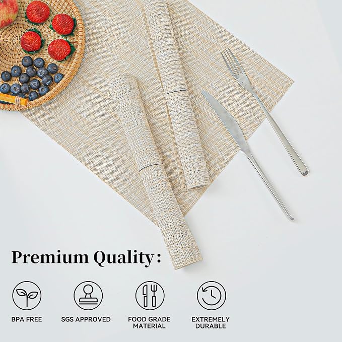 Leetaltree Beige Placemats Set of 4 - Heat-Resistant, Non-Slip Table Mats, Washable Woven Vinyl for Indoor & Outdoor Dining