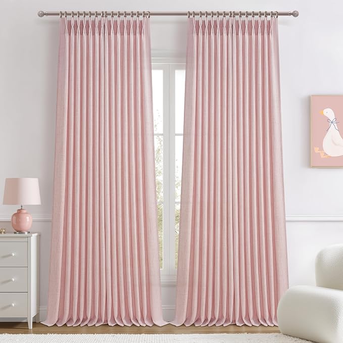 Pretty Light Pink Semi Sheer Curtains 96 Inches Long for Living Room 2 Panels Set, Memory Shaped Pinch Pleated 8 FT Faux Linen Light-Filtering Nursery Curtain Back Tab Elegent Window Drapes W40 x L96