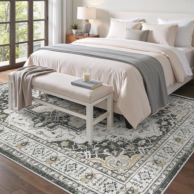 Madane 5x7 Area Rugs for Living Room, Non-Slip Washable Rug, Black | Ultra-Thin Stain Resistant Vintage Large 5'X7' Carpet, Soft Low Pile Floor Mat For Bedroom Dining Room Office Home Decor