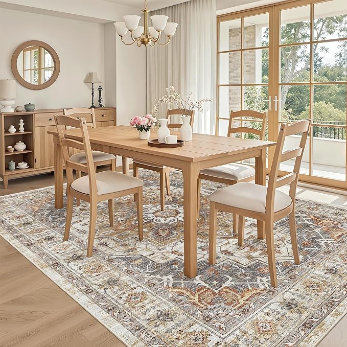 Madane 5x7 Area Rugs for Living Room, Non-Slip Washable Rug, Turmeric/Grey | Ultra-Thin Stain Resistant Vintage Large 5'X7' Carpet, Soft Low Pile Floor Mat For Bedroom Dining Room Office Home Decor