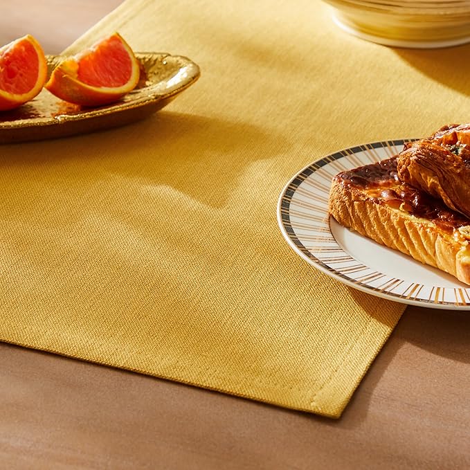ZeeMart Rustic Cotton Linen Table Runner, 13x48 Inches Yellow | Farmhouse Style Linen Table Runners 48 Inches Long, Washable Kitchen Dining Table Decoration for Home Party Decor