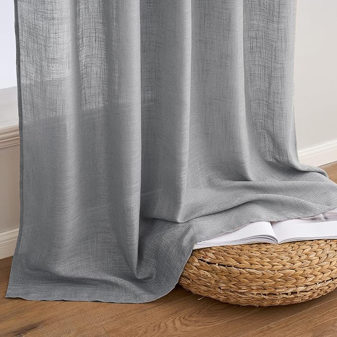 MIULEE Grey Linen Curtains 52x90 Inch Long for Bedroom Living Room 2 Panels | Soft Thick Linen Textured Window Drapes, Gray Semi Sheer Light Filtering, Back Tab Rod Pocket, Burlap Look Decor