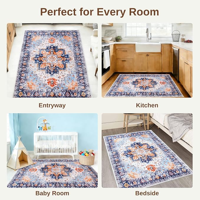 Blue 3x5 Entryway Rug, Non Slip Indoor 3x5 Washable Rug | Soft faux wool, machine washable & stain resistant. Non-slip rubber backing, low pile. For entryway, kitchen, hallway.
