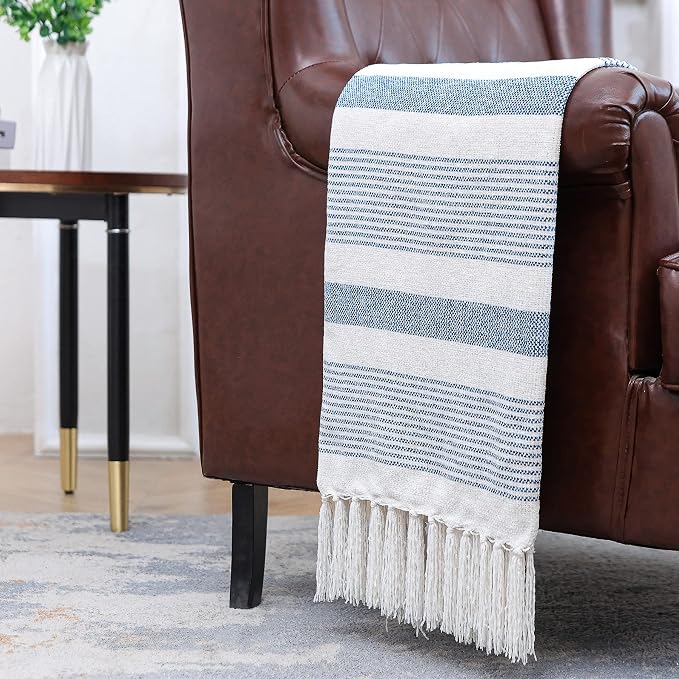Decorative Blue White Striped Throw with Fringe, Soft Chenille Knitted Farmhouse Lightweight Blanket with Tassels for Couch Sofa Chair Bed Office Home Décor, Blue and Ivory, 60" x 80"