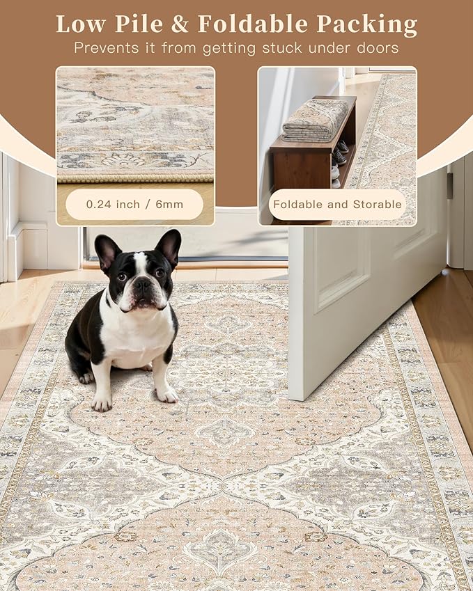 Madane Washable Runner Rugs 2x12 Long for Hallway Kitchen Long, Pink/Gray | Non-Slip Vintage Printed 12ft Rug Runners with Rubber Backing, Low-Pile Floor Carpet Laundry Room Entryway, Corridor