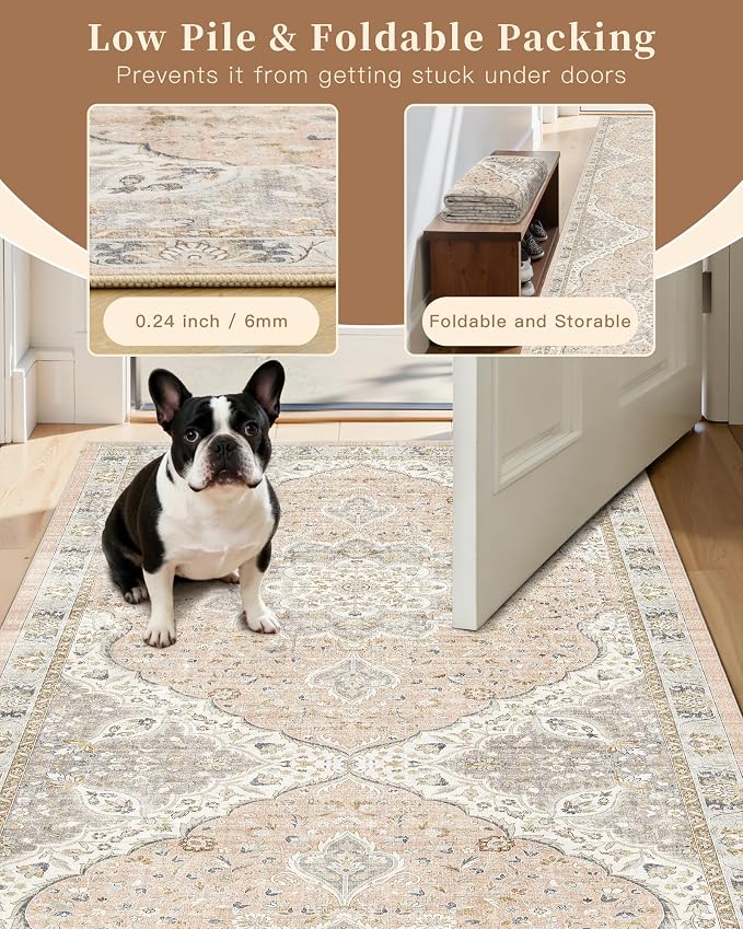 Madane Washable Area Rug 2x3 Small Entryway Rugs Non-Slip, Pink/Gray | Vintage Stain-Resistant Door Mat Indoor Entrance, Low Pile Floor Carpet for Inside Front Bedroom Kitchen Entry Laundry, Stair
