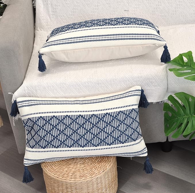 Decorative Boho Lumbar Pillow Covers with Tassels Navy Blue Off White, 12x20 inch -Set of 2 / Small Rectangle Cushion Covers for Couch Sofa/ Farmhouse Woven Pillow Cases/ Accent Chair Pillow Covers
