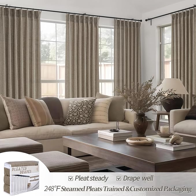 Extra Wide 70 Inch Linen Blend Semi Sheer Curtains 96 Inches Long for Living Room 2 Panels Set, Memory Trained Pinch Pleated Dark Flax Light Filtering Privacy Decorative Windows Drapes 8 FT Length
