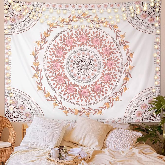 Wall Tapestry for Bedroom Aesthetic Pink Mandala Wall Hanging Large Boho Trippy Tapestries Bohemian Art Tapistry Hippie Floral Tapastry Decor For Bedroom Ceiling Living Room Dorm (60ʺ × 60ʺ)