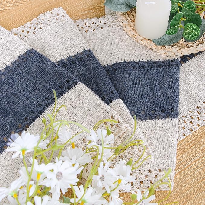 FEXIA Boho Table Runner for Home Decor 12x48 Blue Fall Rustic Decorations | 48 Inches Long with Tassels Macrame Farmhouse Style Party Rustic Wedding Baby Shower Dining Kitchen Living Room Decor