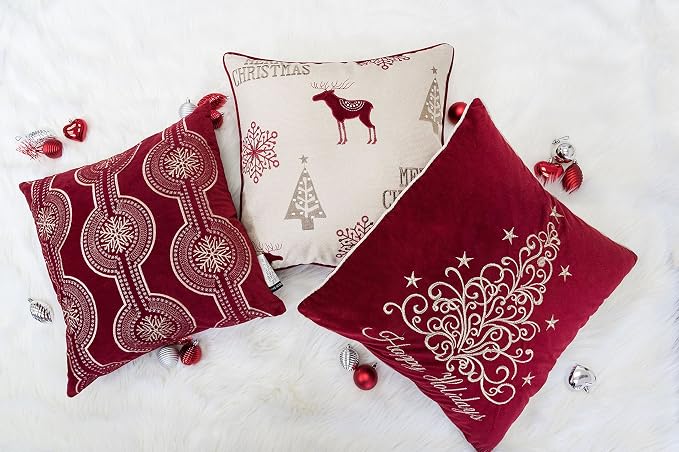 Embroidery Red Velvet Throw Pillow Cover, Merry Christmas Series Floral Tree Luxury Soft Fuzzy Cozy Warm Slik Decorative Gift Square Couch Cushion Pillow Case 20 x 20 Inch, Cover Only