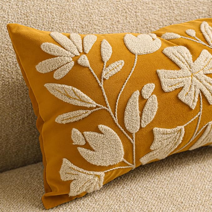 BlissBlush Long Lumbar Pillow Cover 14x36 for Bed, Mustard Floral Tufted Velvet Accent Oversize Throw Pillowcase for Bedroom, Cover Only