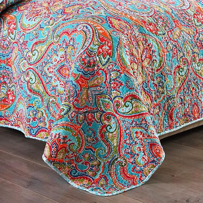 Travan 3-Piece Bedspread Quilt Set Oversized Reversible Quilted Bedding Cotton Coverlet Set with Shams, Gorgeous Floral Pattern, Twin Size