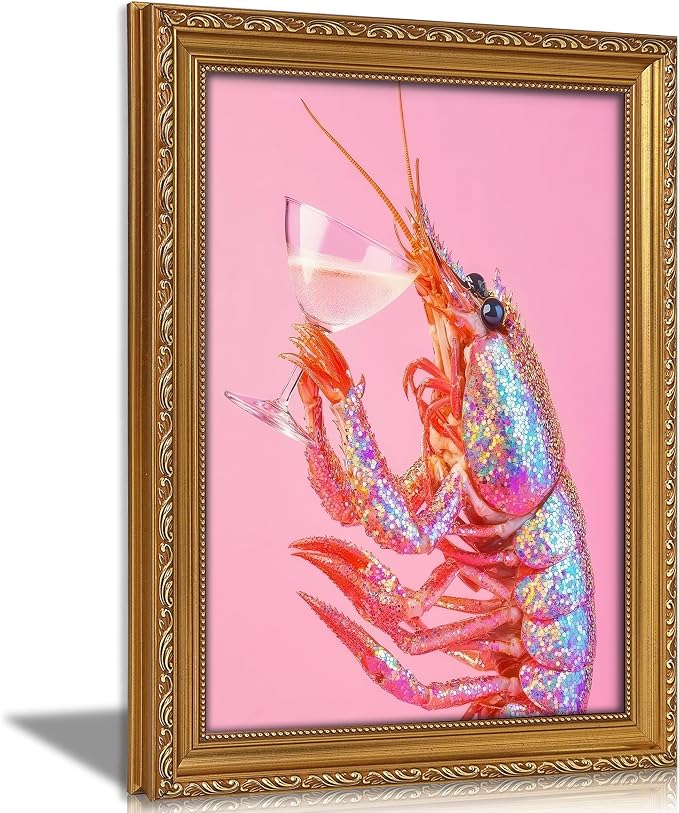 Vintage Gold Framed Bar Wall Art, Funny Pink Lobster With Martini Cocktail Canvas Print, Trendy Summer Coastal Beach Crayfish Painting Picture Poster Artwork for Kitchen Dining Room Restaurants