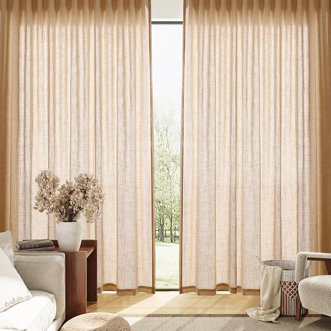 Extra Long Linen Curtains 108 Inches for Living Room Back Tab Semi Sheer High Floor to Ceiling 9ft Light Filtering Curtain Boho Farmhouse Decor Window Drapes for Bedroom 2 Panels Camel