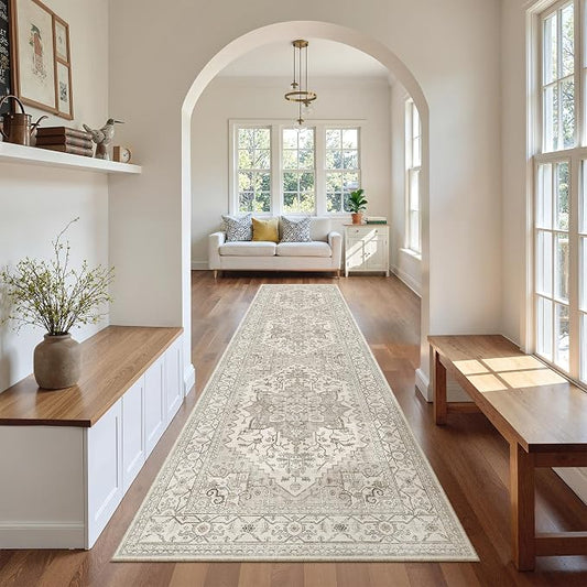 Madane Hallway Runner Rug 2'6''x10' Kitchen Runners Vintage, Beige/Brown | Non-Slip Washable Wide Rugs 2.5x10 Ft for Entryway Laundry and Bedroom, Soft Low Pile Stain-Resistant 10ft Floor Carpet
