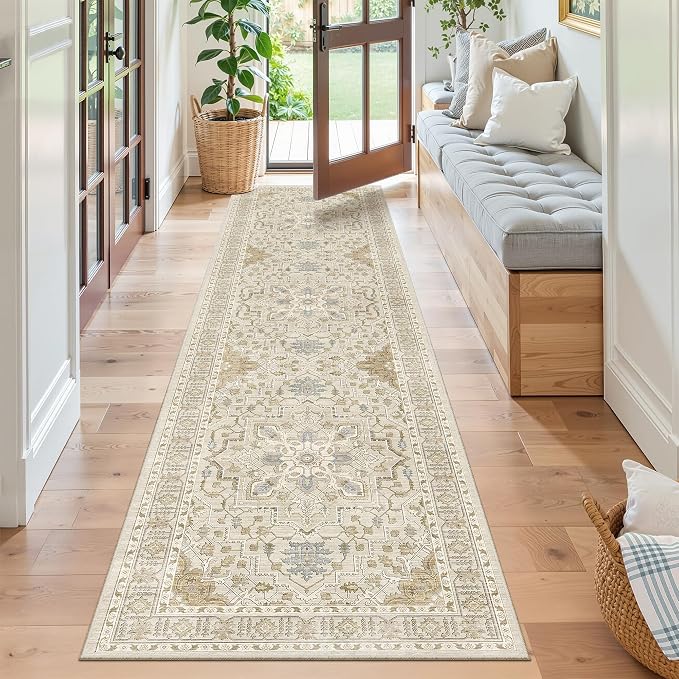 Madane Hallway Runner Rug 2x8 Washable Kitchen Rugs Non-Slip, Beige/Blue | Vintage Machine Washable Low-Pile Floor Carpet 8ft, Soft Ultra-Thin Throw Entry Foyer Mat for Entrance Laundry Living Room