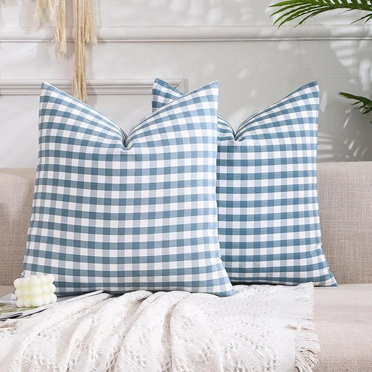 Light Blue Outdoor Gingham Throw Pillow Covers 18x18 Set of 2,Coastal Decor | 18 x 18 Blue Outdoor Throw Pillows, Outdoor Pillows for Patio Furniture Front Porch, Blue and White Outside Decorative Pillow