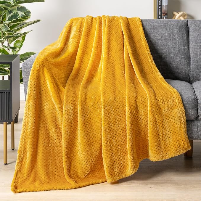 PAVILIA Mustard Yellow Fleece Throw Blanket for Couch Sofa Bed, Soft Fuzzy Waffle Jacquard Microfiber, Warm Lightweight Fade-Resistant Decorative All Season Throw, 50x60
