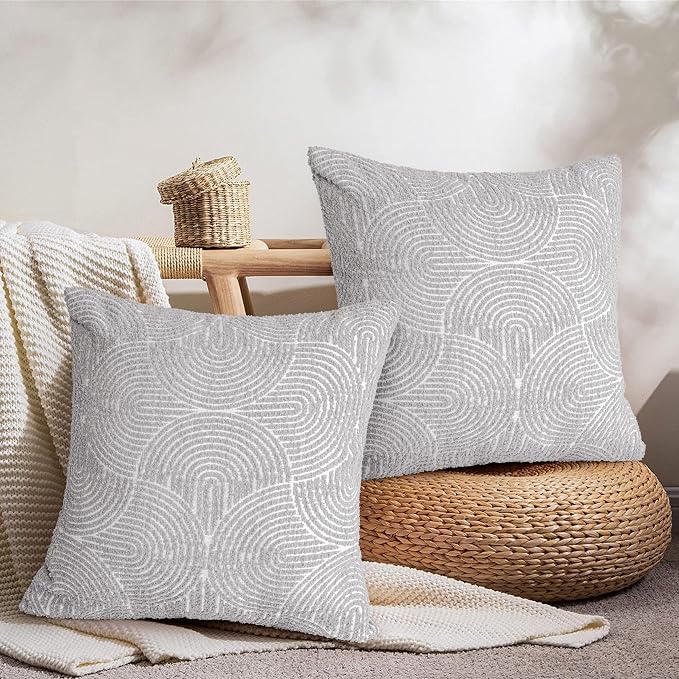 AELS Boho Decorative Textured Throw Pillow Covers 20x20, Modern Mid Century Rainbow Tufted Pillow Case, Farmhouse Rustic Geometric Woven Cushion Case for Bed Couch Sofa, Light Gray