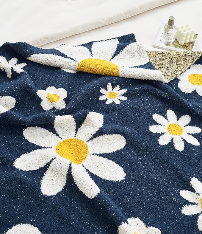 Ultra Soft Cozy Daisy Sunflower Knitted Throw Blanket Fluffy Microfiber Checkerboard Bed Blanket Lightweight Both Sides Blanket for Couch Sofa Bed (Daisy Bule, Throw 50“x60”)