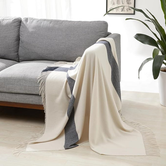 Amazon Basics Room Decor Throw Blanket, Lightweight and Cozy Polyester, 50"x 60", Ivory With Blue Cross-check Pattern, Thin