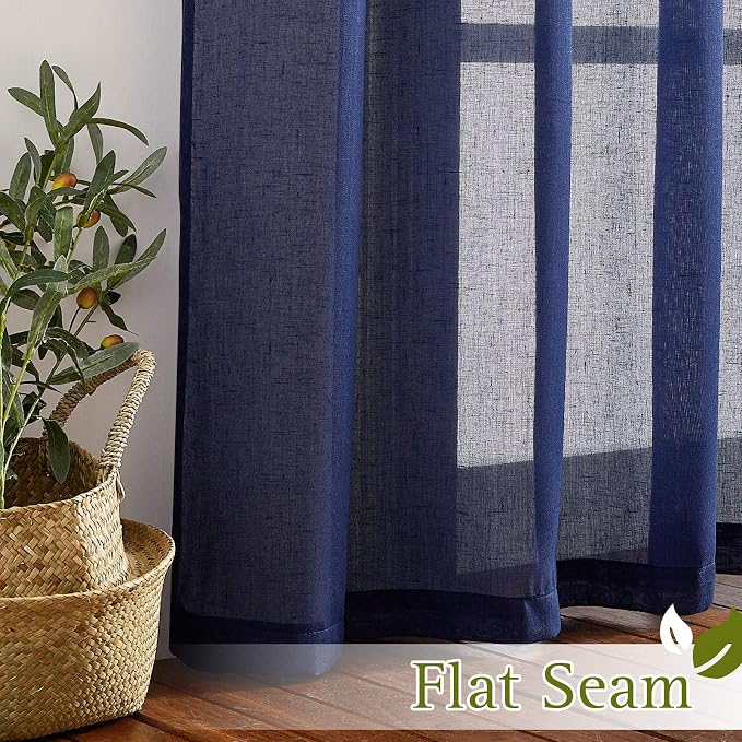 NICETOWN Natural Open Linen Weave Flax Textured Sheer Window Curtains, 63 inches Medium Long Privacy Semi-Transparent Sheer Panels for Farmhouse/Bedroom, 104" Wide Total 2 Panels, Dark Blue