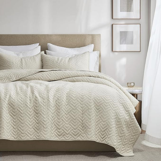 palassio Beige 100% Cotton Quilt King Size Bedding Sets with 2 Pillow Shams, Lightweight Textured Farmhouse Country Bedspread Soft Shabby Chic Patterned Coverlet for All Season, 3 Pieces