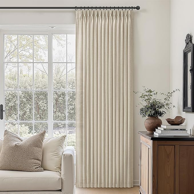 Warm Beige Pinch Pleated Linen Blend Semi Sheer Curtains 90 Inches Long | Memory Trained Pleat Light Filtering Curtain for Bedroom 2 Panels Set Track System Window Drapes Decor 60 x 90 Inch Length