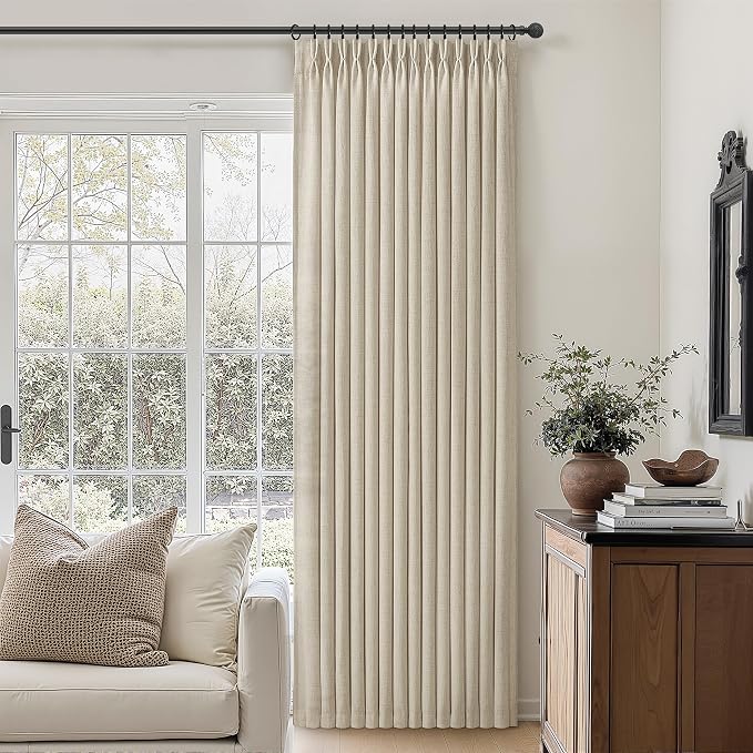 70 Inch Extra Wide Warm Beige Pinch Pleat Large Curtains 120 Inches Long for Dining Room, Memory Trained Light Filtering Linen Semi Sheer Boho Floor to Ceiling Windows Curtain 10FT Length 2 Panels Set
