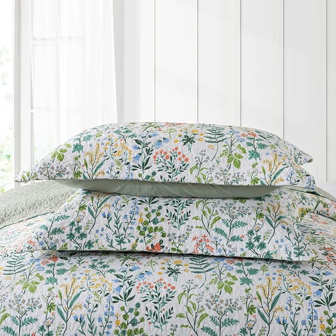 NEWLAKE Cotton Bedspread Quilt Sets-Reversible Patchwork Coverlet Set, Green Classic Floral Pattern, California King Size