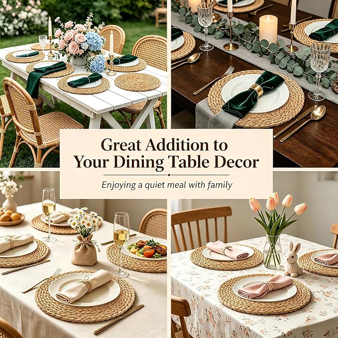13.8 Inch Round Woven Placemats Set of 8, Rattan Chargers for Dinner Plates, Rattan Wicker Table Mats Jute Braided, Boho Farmhouse Rustic Braided Place Mats for Kitchen Dining Party Decor