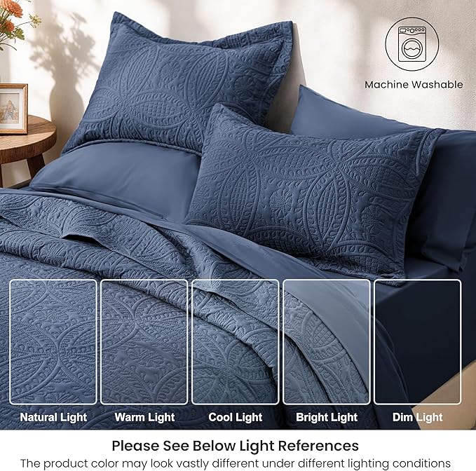Love's cabin King Quilt Set Navy, Bed in a Bag King Size Bedding 7 Pieces, Ultrasonic Embossed Coin Pattern Comforter, Lightweight Bedspreads for All Seasons Quilt with Sheets, Pillowcases & Shams