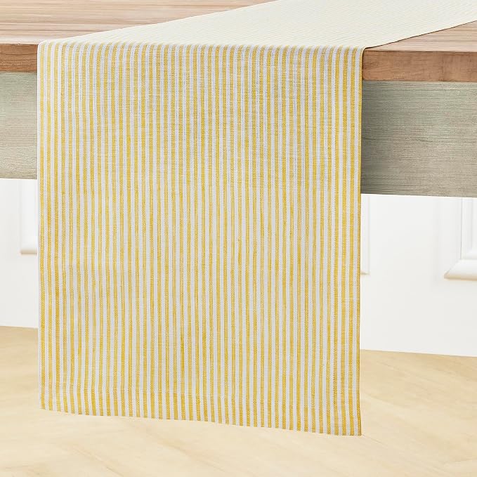 Solino Home 100% Linen Table Runner, 14 x 48 in, Mustard and White Striped | Narrow Stripe, brings a tailored look to family meals and hosting, woven stripe, European flax fibres, OEKO-TEX Certified