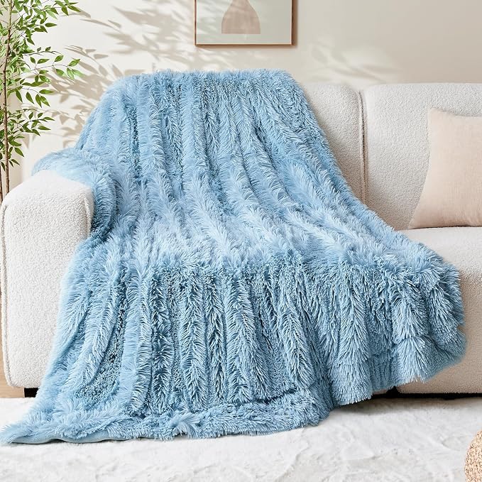 GONAAP Fuzzy Faux Fur Throw Blanket for Couch, Light Blue, 50"x60" | Warm Cozy Plush Shaggy Decorative Reversible Thick Non-Heated Fleece Blanket for Sofa Bed, Gift for Women Men, All Season Use