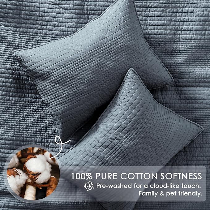 palassio Striped Blue Grey 100% Cotton Quilt King Size Bedding Sets, Lightweight Crinkly Channel Pick Stitch Textured Bedspread Soft Shabby Chic Farmhouse Country Coverlet for All Season, 2 Shams