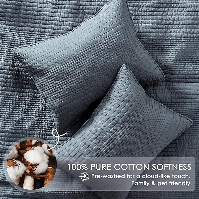 palassio Striped Blue Grey 100% Cotton Quilt Queen Size Bedding Sets, Lightweight Crinkly Channel Pick Stitch Textured Bedspread Soft Shabby Chic Farmhouse Country Coverlet for All Season, 2 Shams