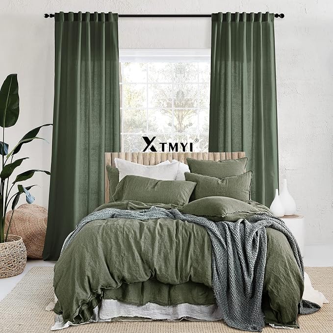 XTMYI Drapes Curtains for Living Room,2 Panels Set Linen Semi Sheer Boho Back Tab Pleated Window Treatments for Bedroom,Olive Green,40x86 in Long