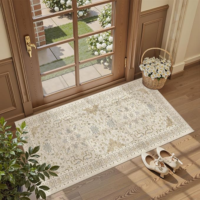 Madane Washable Area Rug 2x4, Small Entryway Rugs Non-Slip, Beige/Blue | Vintage Printed Door Mat Indoor Entrance, Low-Pile Floor Carpet Runner for Inside Front Bedroom Kitchen Entry Laundry, Stair