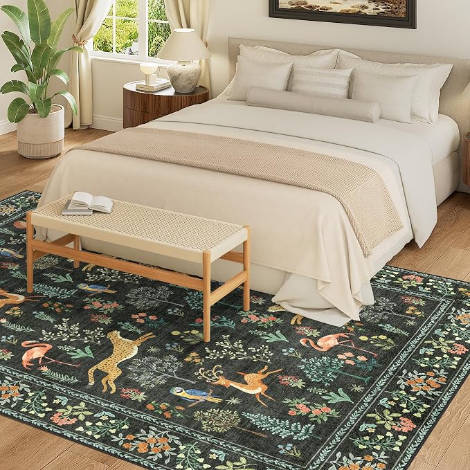 DUKINO 9x12 Area Rug for Living Room, Washable Animal Rug Non Slip, Black | Low Pile, Non-Shedding, Soft Indoor Large Carpet for Bedroom, Dining Room, Kids PlayRoom,Nursery, Farmhourse, Pet Friendly