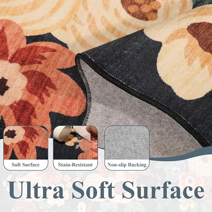 DUKINO 8x10 Area Rug for Living Room, Soft Floral Washable Rug, Navy Blue | Soft, Low Pile, Stain Resistant Throw Large Rug for Bedroom, Dining Room, Nursery, Kids Playroom, Pet Friendly, Home Decor