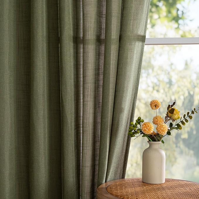MYSKY HOME Extra Long Sheer Curtains Farmhouse, Sliding Door Curtain for Living Room Light Filtering Privacy Protect Soft Linen Blend Back Tab Window Drapes, 50" x 108", Olive Green, 2 Panels