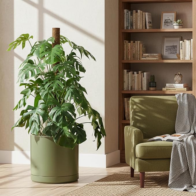 D'vine Dev 16 Inch Ceramic Planter Pot, Olive, 94-O-H-J | Modern Cylinder Design, Drainage Hole & Saucer Included, Stable Structure, Elegant Home Accent