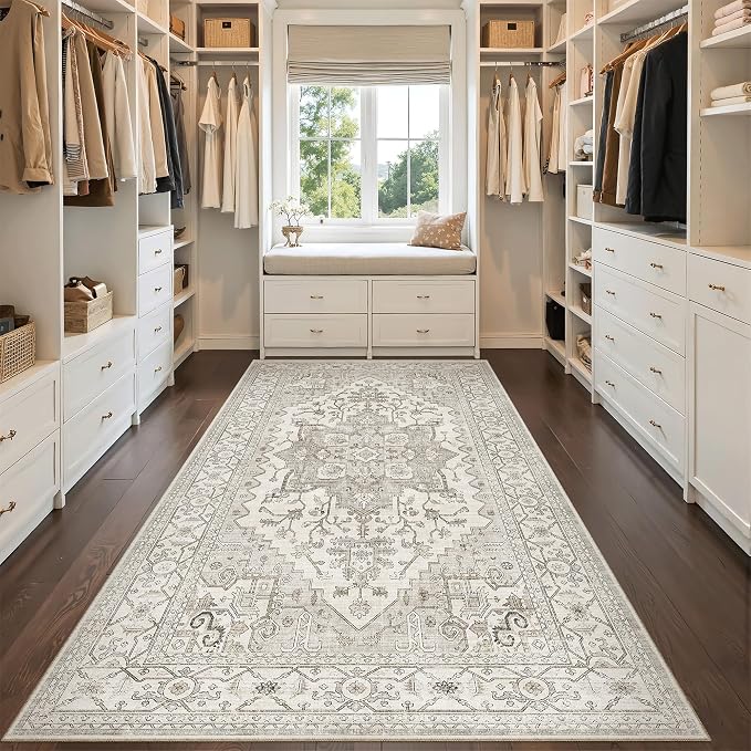 Madane 4x8 Wide Hallway Runner Rug Washable for Living Room, Beige/Brown | Soft Stain Resistant Ktichen Runners 8ft, Vintage Non Slip Low Pile Area Rugs, Thin Floor Carpet for Bathroom Dining Bedroom