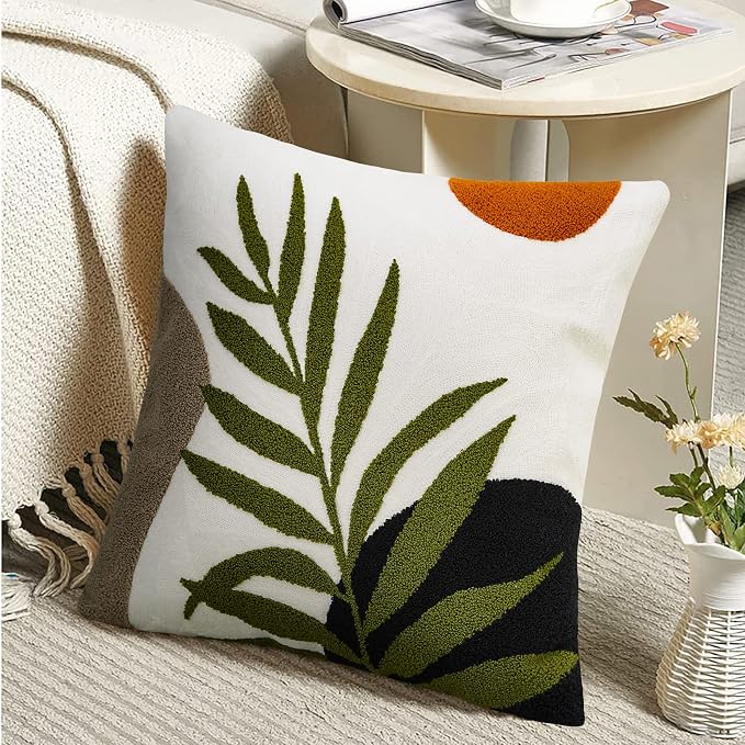 Merrycolor Boho Decorative Throw Pillow Covers 18x18 Tufted Green Decorative Pillows Covers Sun Leaf Mid Century Modern Throw Pillows for Bed Couch Sofa Living Room 1PC(Black and Green)