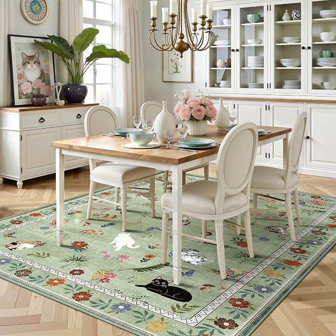 AIMPEAK Green 5x7 Washable Area Rug - Non Slip Low Profile Cat Floral Boho Carpet for Living Room, Bedroom, Farmhouse, Dining Room, Kids Playroom, Nursery, Vintage, Green Multi