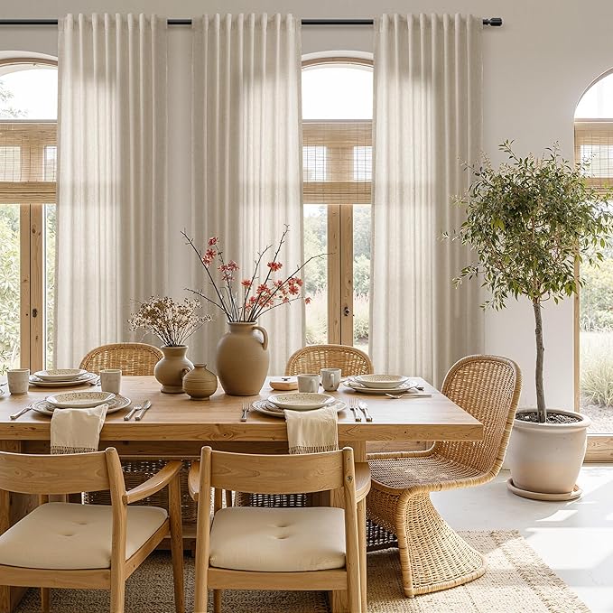 Extra Long Linen Curtains 102 Inches for Living Room Back Tab Semi Sheer Floor to Ceiling Light Filtering Curtain Boho Farmhouse Decor Window Drapes for Bedroom 2 Panels Birch Beige