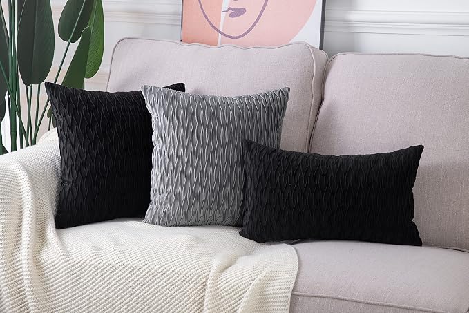 MADIZZ Set of 2 Super Soft Velvet Decorative Throw Pillow Covers 20x20 inch Black Square with Texture Luxury Style Cushion Case Pillow Shell for Sofa Bedroom