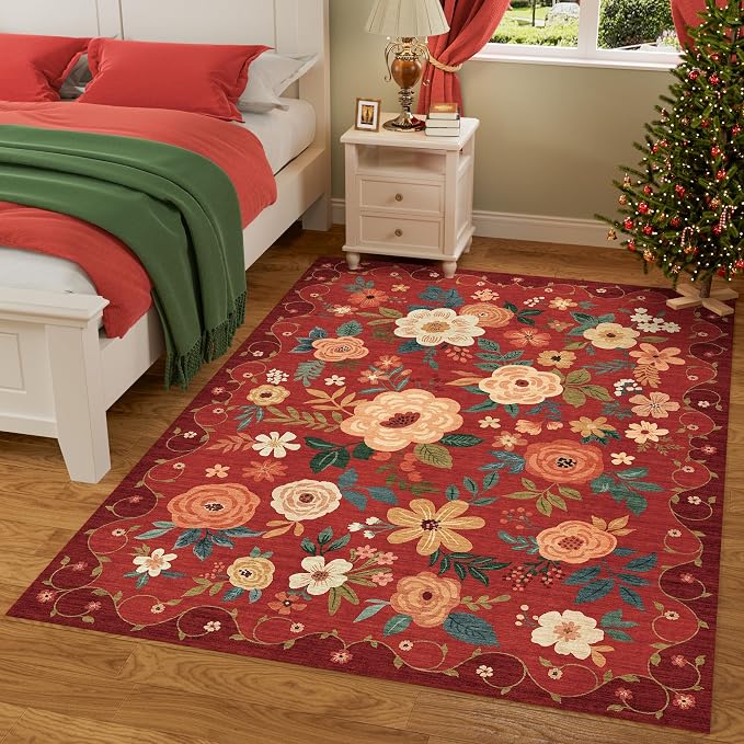 DUKINO 5x7 Area Rugs, Floral Washable Rug for Living Room Non Slip, Red | Soft, Low Pile, Stain Resistant Indoor Rug for Bedroom, Dining Room, Office, Pet Friendly, Lightweight, Modern Home Decor